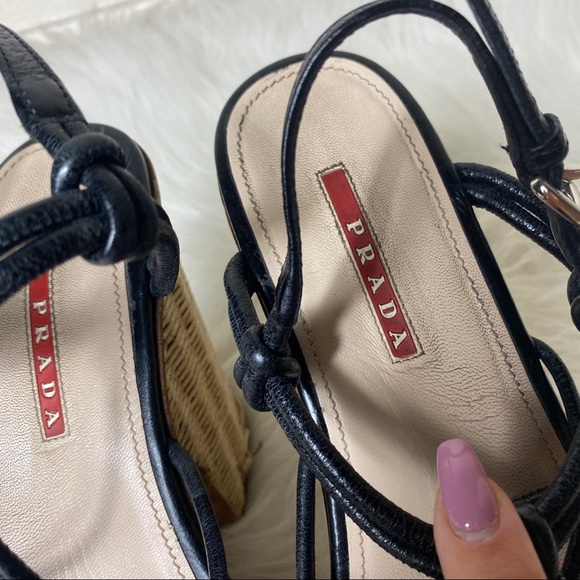 Prada Knotted Leather Wicker Platform Wedge Heels - Picture 10 of 14